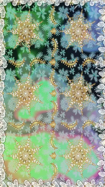 Senin tasarımın için, duvar kağıdı. Raster geometrik arka plan. Tarafsız ve gri renklerde altın çiçekli altın desenler. Altın rengi kusursuz illüstrasyon.