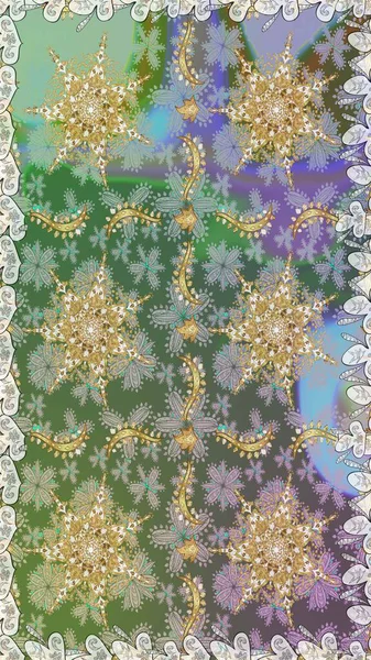 Raster illüstrasyonu. Klasik klasik klasik arka plan. Kusursuz klasik raster altın desenli. Tarafsız ve gri renklerde altın elementlerle. Geleneksel oryantasyon süsü.