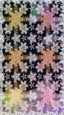 Noel, kar tanesi, yeni yıl. Gri ve nötr renklerde altın desenli altın elementler. Gri ve nötr renklerde altın elementlerle kusursuz klasik desen.