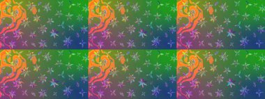 Şirin çiçekli eskiz deseni ve yeşil ve mavi renkli yapraklar, suluboya çiçek deseni, duvar kağıdı, kart ya da kumaş için fayanslı. Raster illüstrasyonu.