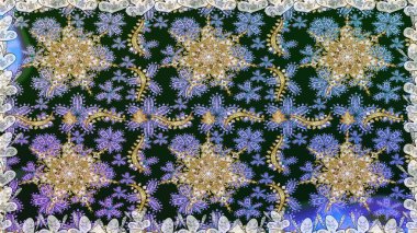 El yapımı dekoratif çerçeve, albüm kapağı, tebrik kartı, klasik Art deco tarzı. Altın karalama fantezi yapraklarından Raster soyut çiçek çelengi ve gri ve mavi renkte çiçek..