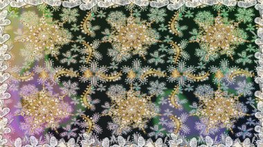 Damask arkaplanı. Altın çiçekli, pürüzsüz desen. Barok tarzında altın çiçekli süs. Gri ve nötr renklerdeki altın element.