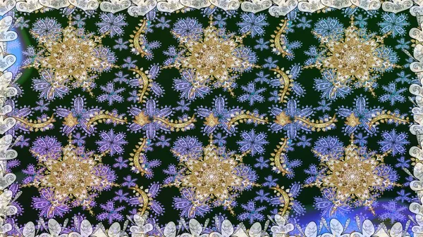 El yapımı dekoratif çerçeve, albüm kapağı, tebrik kartı, klasik Art deco tarzı. Altın karalama fantezi yapraklarından Raster soyut çiçek çelengi ve gri ve mavi renkte çiçek..