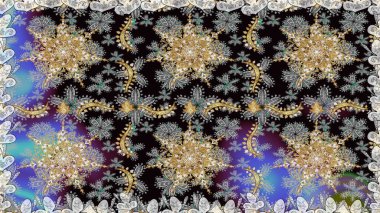 Raster illüstrasyonu. Damask altın soyut çiçek gri ve siyah renklerde pürüzsüz desen. Süsleme.