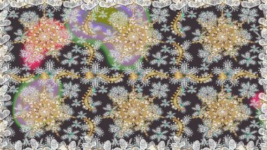 Kına dövmeli süs çiçekleri, altın çıkartmalar, mehndi ve yoga tasarımı, kartlar ve parmak izleri. Raster Golden Mehndi kusursuz desen. Gri ve nötr renkler üzerindeki desen.