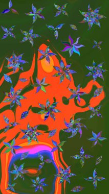 Yeşil ve turuncu renklerde. Raster illüstrasyonundaki çiçek desenli çizim. Raster illüstrasyonu. Güzel kumaş deseni.