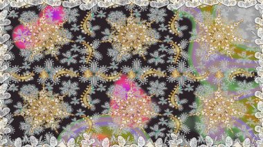 Altın karalama fantezi yapraklarından Raster soyut çiçek çelengi ve gri ve nötr renklerde çiçek. El yapımı dekoratif çerçeve, albüm kapağı, tebrik kartı, klasik Art deco tarzı.