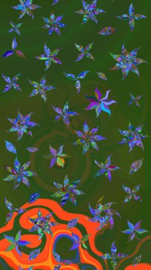 Küçük çiçekteki sevimli çiçek deseni. Yeşil ve turuncu renkli çiçekler. Raster illüstrasyonu.