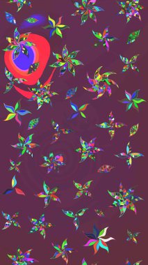 Nakış desenli çiçek deseni. Renkli grunge, soyut arkaplanı kolonya ve mor çiçeklerle süslüyor. İzler, kumaş, duvar kağıtları, tekstil için raster dokusu.