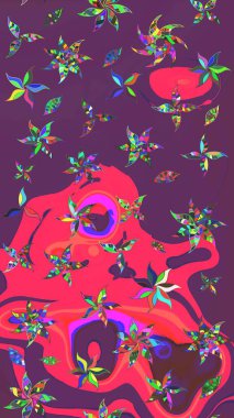 Retro tekstil tasarım koleksiyonu. El çizimi çiçek unsurları olan soyut çizim raster deseni. 1950-1960 motifleri. Mor ve pembe pembe üzerine mor ve pembe. Çiçekli ipek eşarp..