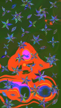 Nakış desenli çiçek deseni. Renkli grunge, koyu yeşil ve turuncu çiçeklerle soyut bir arka plan oluşturur. İzler, kumaş, duvar kağıtları, tekstil için raster dokusu.