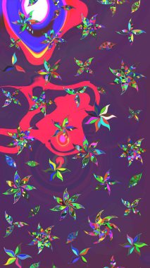 Raster illüstrasyonu. Patlayan çiçekler soyut olarak yerleştirilmiş. Mor ve mor renkte bahar çiçekleri. Raster deseni.