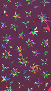 Motley illüstrasyonu. Küçük renkli çiçekler. Küçük çiçekte güzel bir desen. Moda baskıları için zarif bir şablon. Kahverengi ve mor çiçekli bahar çiçekleri.