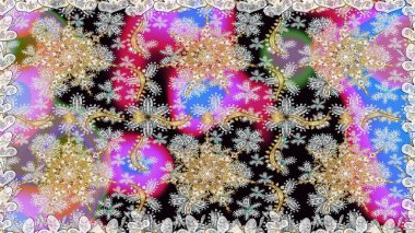 Altın elementli nötr ve gri renkler. Raster altın desen. Raster illüstrasyonu. Doğu tarzı arabesk. Kusursuz altın desenli bukleler..