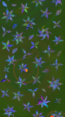 Çiçek ve yapraklı karalama şeklinde Raster çiçek deseni. Yumuşak, bahar çiçekleri yeşil ve mavi renklerde. Raster illüstrasyonu.