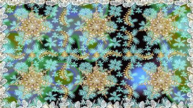 El yapımı dekoratif çerçeve, albüm kapağı, tebrik kartı, klasik Art deco tarzı. Raster soyut çiçek çelengi altın karalama fantezi yaprakları ve tarafsız ve mavi renkte çiçek.