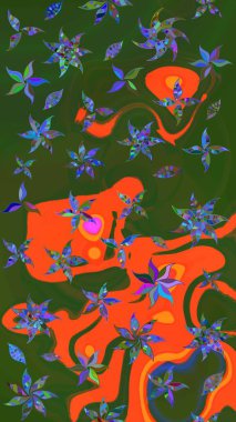 Klasik çiçek tasarımı elementleri. Yeşil ve turuncu kıvırcık çiçekler yeşil ve turuncu renklerde şekillenir. Raster illüstrasyonu.