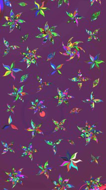 Raster illüstrasyonu. Mor ve yeşil renklere karalamalar çizilmiş çiçek deseni.