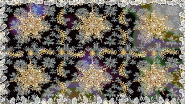 Geleneksel klasik raster altın pürüzsüz desen. Gri ve siyah renklerde altın elementler. Barok tarzında kusursuz bir doğulu süsü..