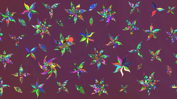 Raster suluboya çiçek deseni, narin çiçekler, kahverengi ve mor çiçekler, tebrik kartı şablonu. Güzel kumaş deseni.