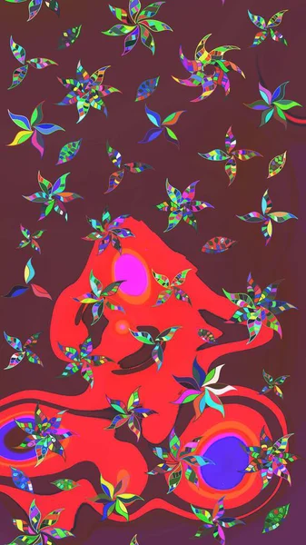 Renkli Bahar Teması eskiz kalıbı. Kahverengi ve kırmızı renkli şirin çiçek desenleri. Düz Çiçek Elementleri Tasarımı. Raster Modaya uygun kumaş deseni.