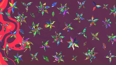 Üzerinde gelincikler ve vadi zambakları olan renkli çiçek desenli nakış deseni. Raster geleneksel halk çiçekleri kahverengi ve mor renkli tekstil tasarımları için..