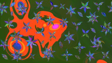 Raster suluboya çiçek deseni, narin çiçekler, yeşil ve turuncu çiçekler, tebrik kartı şablonu. Raster Güzel kumaş deseni.