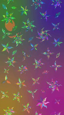 1950-1960 motifleri. Mor ve yeşil, mor ve yeşil. Retro tekstil tasarım koleksiyonu. Çiçekli ipek eşarp. El çizimi çiçek elementleri ile soyut çizim raster deseni.