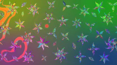 Yeşil ve mavi renkte çiçekler. Renkli Bahar Teması eskiz kalıbı. Raster illüstrasyonundaki çiçek desenli çizim. Düz Çiçek Elementleri Tasarımı.