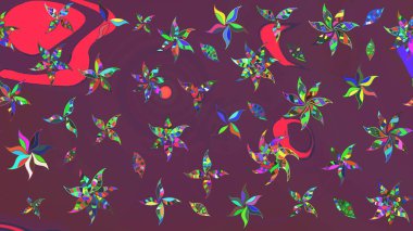 Renkli desenli eskiz deseni, kahverengi ve mor çiçekler ve dekoratif elementler. Eskiz geçmişi. Raster illüstrasyonu. Kumaş, tekstil, duvar kağıdı baskısı için. Antika retro tarzı.