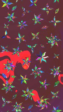 Düz Çiçek Elementleri Tasarımı. Asya tekstil tarzında. Renkli Bahar Teması eskiz kalıbı. Raster illüstrasyonu. Çiçek desenli çizim. Güzel kumaş deseni.