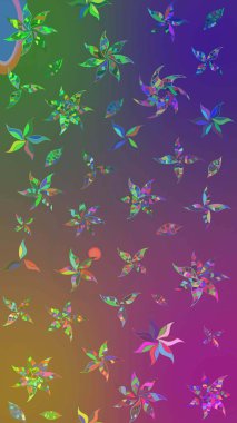 Mor ve yeşil renkli çiçekler. Raster illüstrasyonu. Çiçek desenli eskiz, vuruşlar, sıçramalar, yaz çiçekleri..