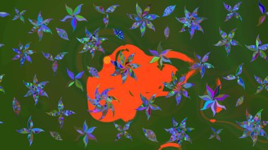 Çizim çiçek deseni duvar kâğıdı olarak kullanılabilir. Yeşil ve turuncu renkli çiçekler. Raster illüstrasyonu.