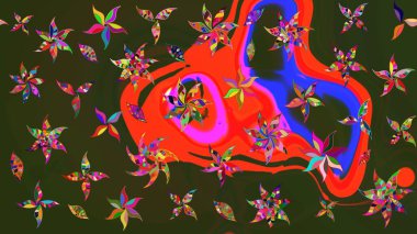 Eskiz arkaplan modeli. Yapraklı çiçekler ve kır ve yeşil renkli papatya çiçekleri. Raster - stok.