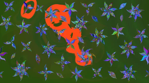 Motley illüstrasyonu. Küçük renkli çiçekler. Küçük çiçekte güzel bir desen. Moda baskıları için zarif bir şablon. Yeşil ve turuncu çiçekli bahar çiçekleri.