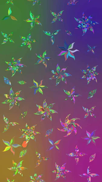 Raster illüstrasyonu. Şirin çiçekli eskiz deseni ve mor ve yeşil renkli yapraklar, suluboya çiçek deseni, duvar kağıdı, kart veya kumaş için fayanslı.