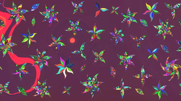 Gömlek, arka plan modelini çiz. Tropik çiçekler. Kahverengi ve mor renkte çiçekler.