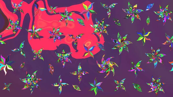 Düz Çiçek Elementleri Tasarımı. Asya tekstil tarzında. Çiçek desenli çizim. Güzel kumaş deseni. Raster illüstrasyonu. Renkli Bahar Teması çizim şablonu.