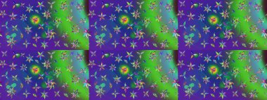 Yeşil ve mavi renkte çiçekler. Raster illüstrasyonu. Çizim çiçek deseni duvar kağıdı için kullanılabilir.