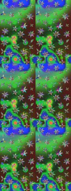 Çiçek desenli raster, yeşil ve mavi çizgi grafik desenli soyut raster arkaplan. Modern stil dokusu.