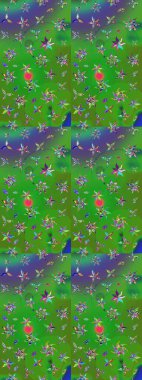 Halk tarzı. Moda baskıları için zarif bir şablon. Modern çiçek arkaplanı. Parlak renkli çiçekleri ve yeşil ve mavi renkte yaprakları olan muhteşem bir çiçek deseni..