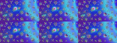 Mavi ve mor renkli çiçekler. Renkli Bahar Teması eskiz kalıbı. Düz Çiçek Elementleri Tasarımı. Sevimli çiçek raster deseni.