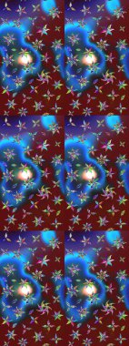 Çiçek desenli çizim. Raster illüstrasyonu. Mavi ve kırmızı renkte çiçekler. Asya tekstil tarzında. Raster illüstrasyonu.