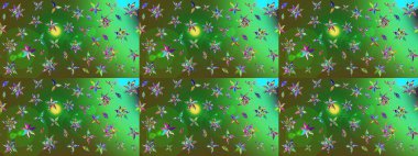 Tekstil için suluboya eskiz deseni. El çizimi çiçek çizimi deseni (fayans). Şirin çiçekleri, desenleri, yeşil ve mavi renkleri olan renkli çizim deseni.