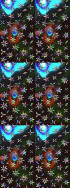 Raster illüstrasyonu. Patlayan çiçekler soyut olarak yerleştirilmiş. Raster deseni. Gri ve mavi renkte bahar çiçekleri.