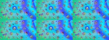 Manzaralı çiçek deseni. Çiçek kompozisyonu, el boyası, hassas şablon. Üst manzara, yumuşak mavi ve yeşil renk tarzı. Sevgililer günü ve tebrik kartı konsepti için şık bir davet.