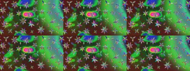 Yeşil ve kahverengi renkli bitkilerden oluşan parlak çiçekli çizim deseni.