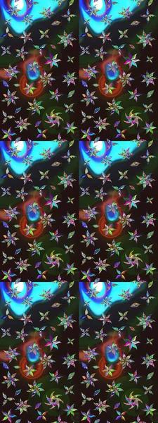 Raster illüstrasyonu. Patlayan çiçekler soyut olarak yerleştirilmiş. Raster deseni. Gri ve mavi renkte bahar çiçekleri.