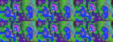 Raster suluboya çiçek deseni, narin çiçekler, mavi ve yeşil çiçekler, tebrik kartı şablonu. Güzel kumaş deseni.