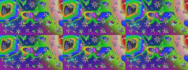 Yeşil ve mavi renkli etnik çiçekli zarif eskiz deseni. Asya Tekstil 'inde Raster Çiçek İllüstrasyonu.